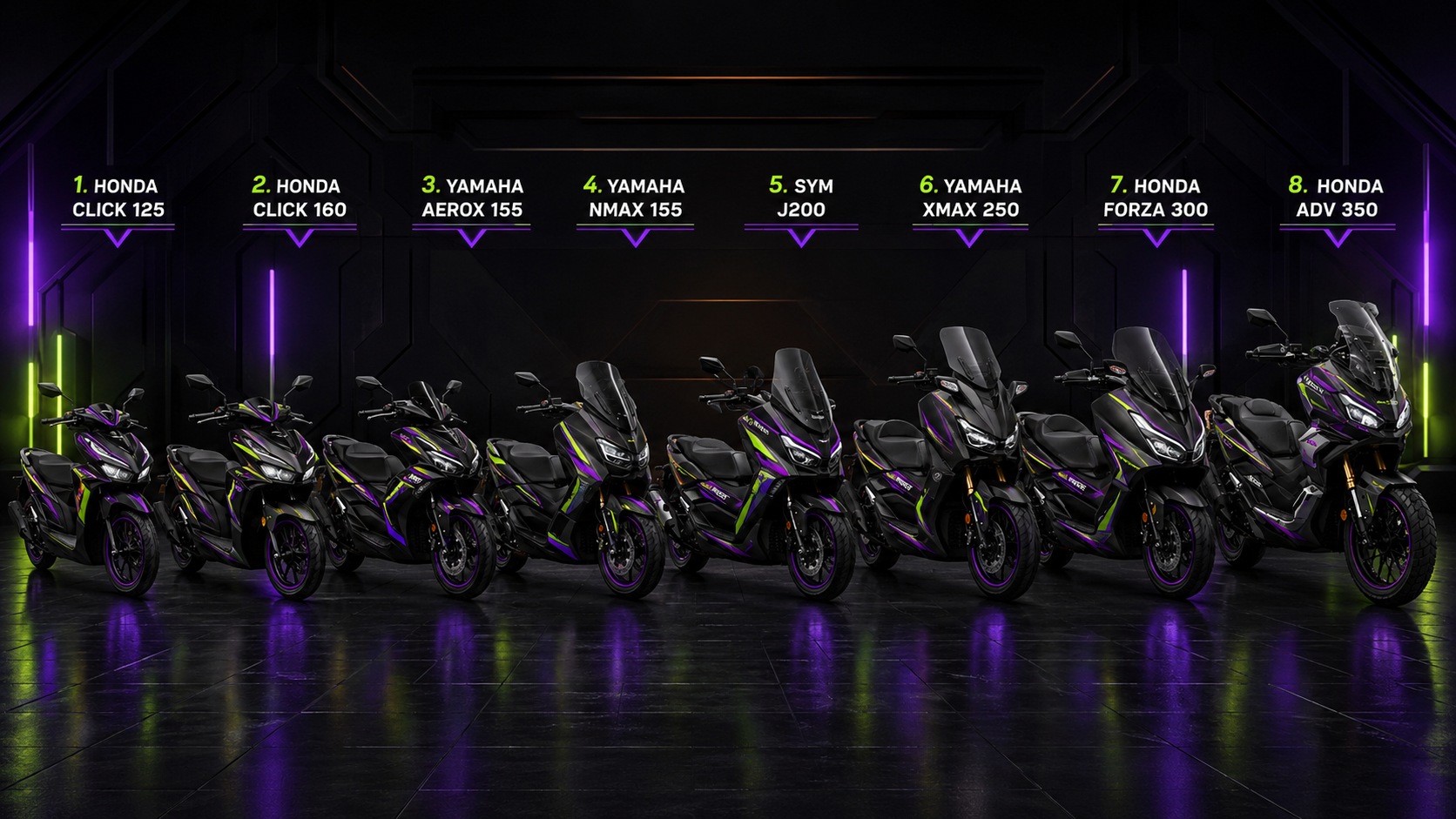 MAXRIDER scooter lineup: Honda Click 125, Honda Click 160, Yamaha Aerox 155, Yamaha NMAX 155, SYM J200, Yamaha XMAX 250, Honda Forza 300 and Honda ADV350