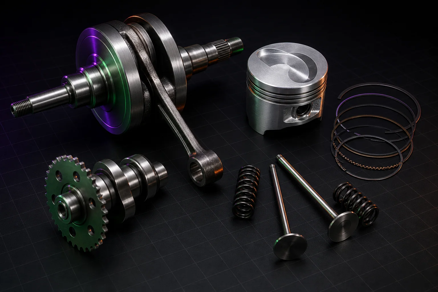 Scooter piston rings, connecting rod, crankshaft, camshaft and valves